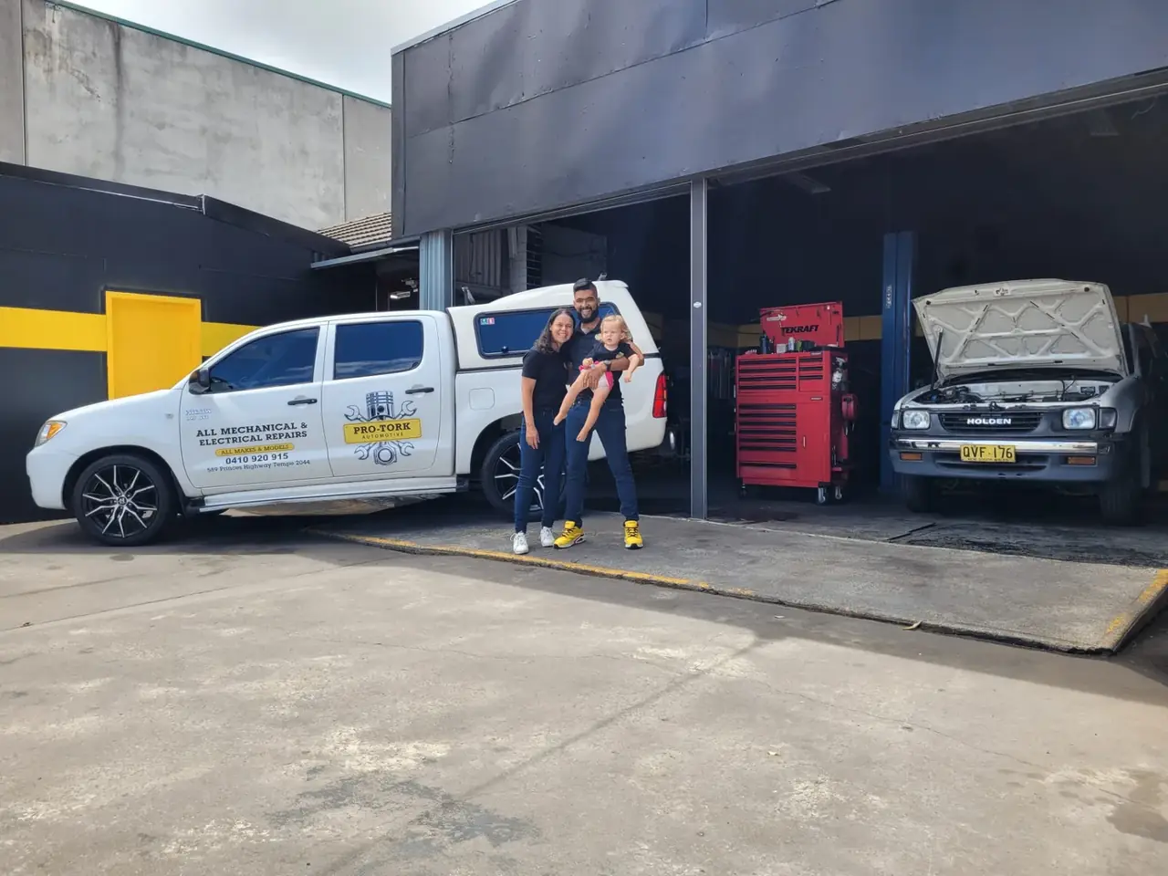 PRO-TORK Automotive owners and family vehicle outside the Tempe workshop